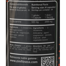 Glutamine 2000 Zimfit 120Gélules Régénération musculaire